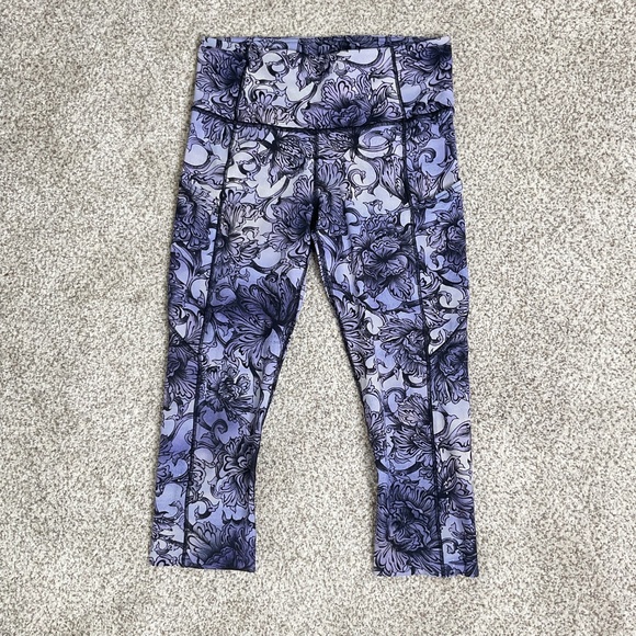 Lululemon Fast & Free Crop II 19” Leggings Blue Hanakotoba Starlight Floral Sz 6 - Picture 4 of 12